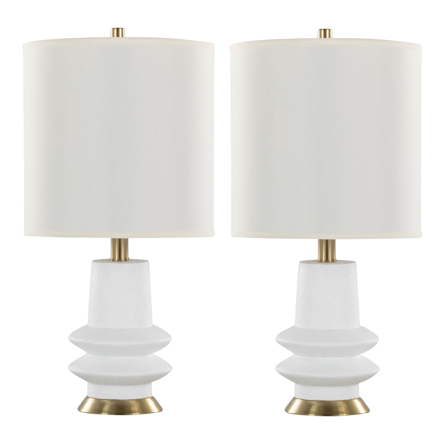 The Lloyd Contemporary Table Lamp (Set of 2) features modern textured white geometric bases, wide cylindrical white lampshades, and gold accents on the base and lamp stem.