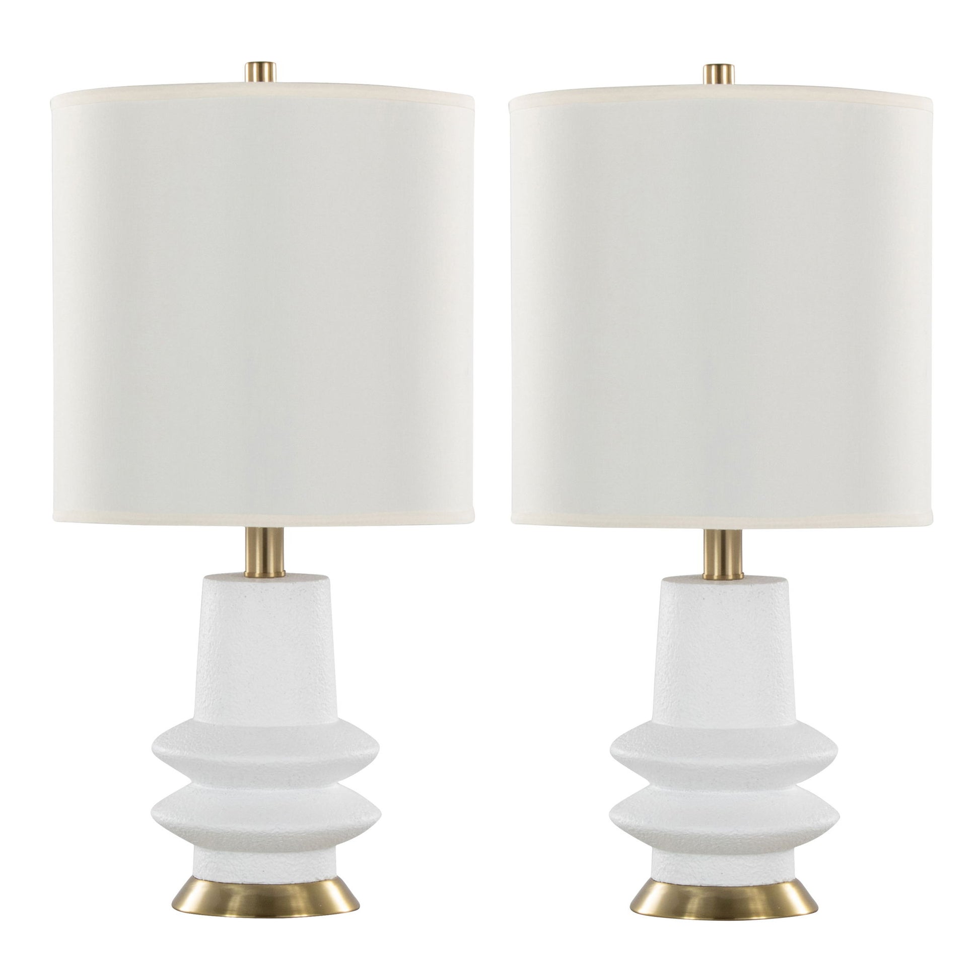 The Lloyd Contemporary Table Lamp (Set of 2) features modern textured white geometric bases, wide cylindrical white lampshades, and gold accents on the base and lamp stem.