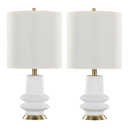 The Lloyd Contemporary Table Lamp (Set of 2) features modern textured white geometric bases, wide cylindrical white lampshades, and gold accents on the base and lamp stem.