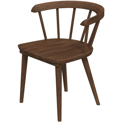 The Kingsley Dining Chair (Set of 2) in Brown features a wooden build with a curved low backrest, upright spindles, four angled legs, and a minimalist design.