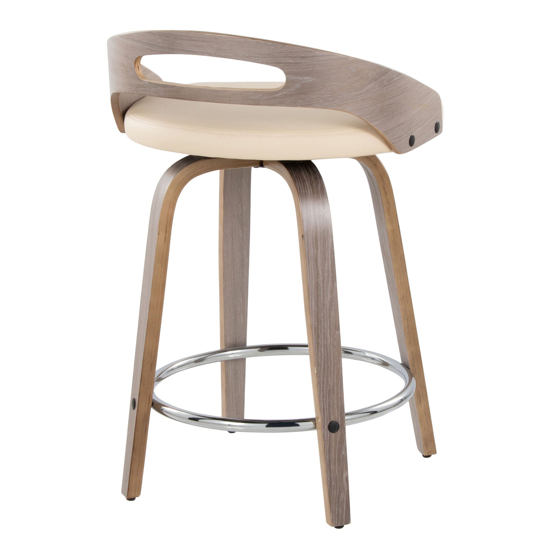 The Cassis Mid Century Modern Fixed Height Counter Stool features a light wood frame, curved backrest with open slot, cream cushioned seat, four legs, swivel function, and a round chrome footrest. Sold as a set of 2.