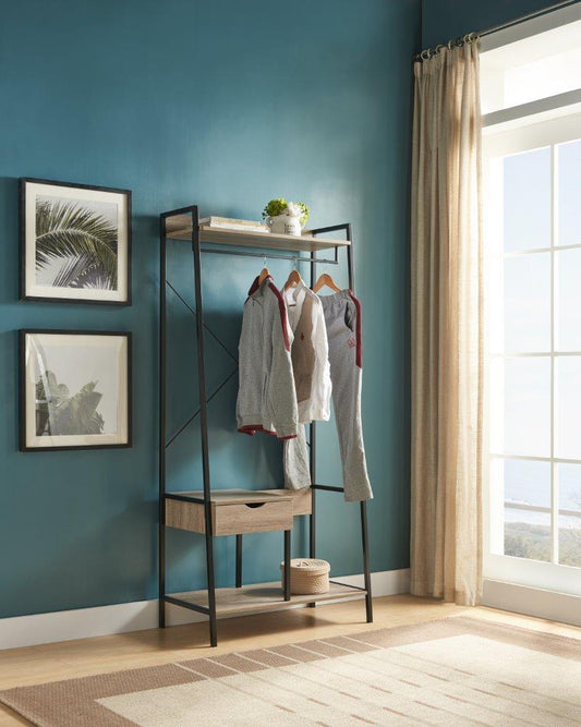 The Metal Clothes Rack Open Wardrobe with a drawer and hanging rod stands against a teal wall, organizing clothes, a basket, and decor. Two framed prints hang nearby as sunlight fills the space from a large window with beige curtains.