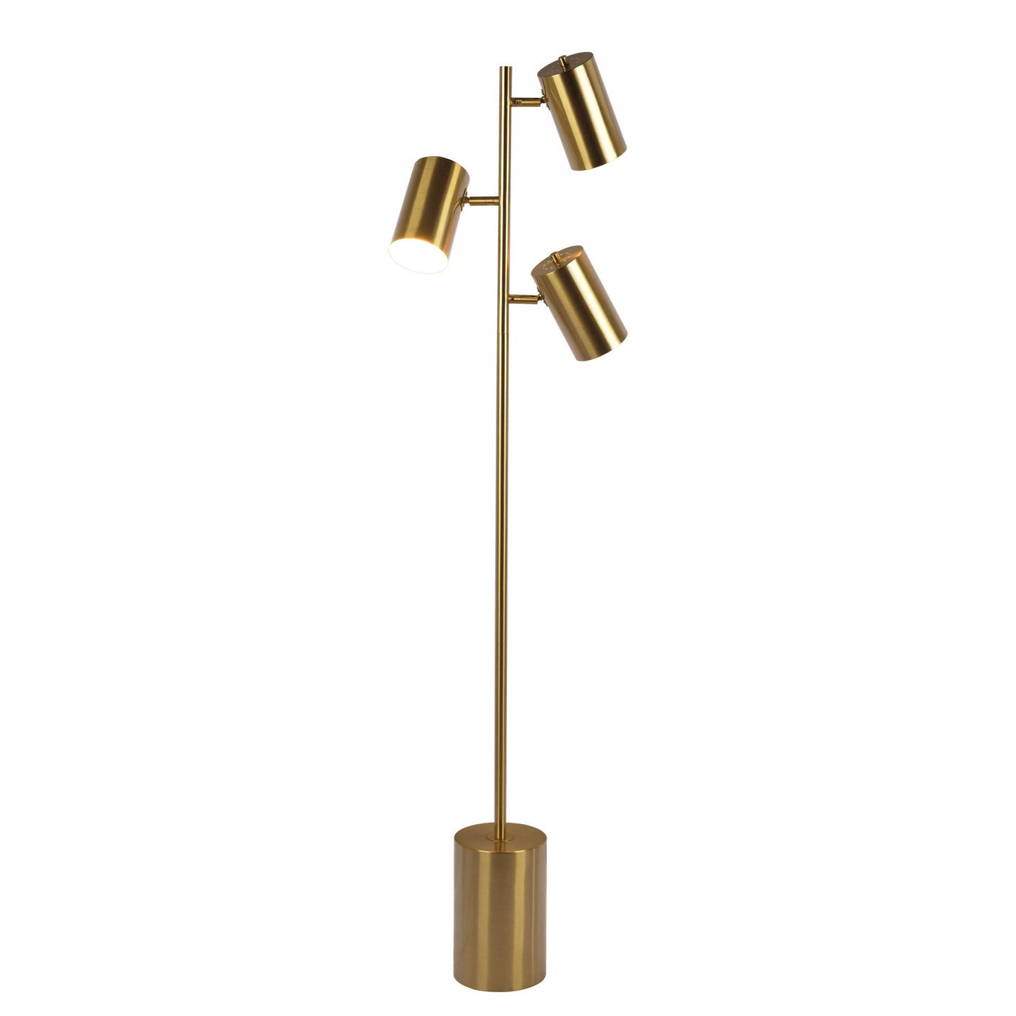 The Harmony Floor Lamp features a gold finish, three adjustable cylindrical heads on a tall pole, and a sturdy block base with a rotary switch for easy control.