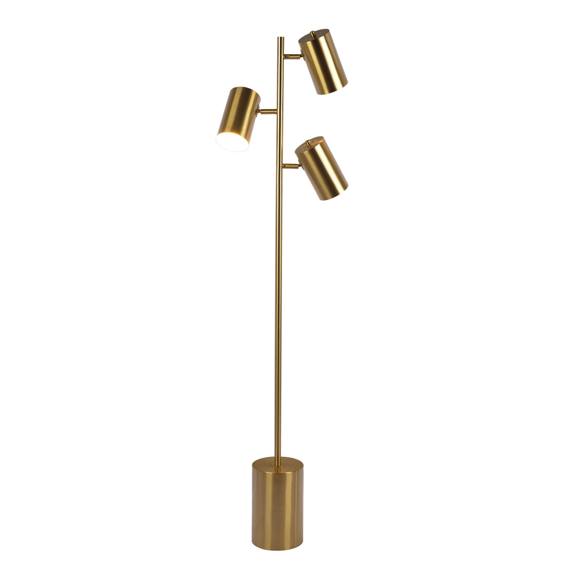 The Harmony Floor Lamp features a gold finish, three adjustable cylindrical heads on a tall pole, and a sturdy block base with a rotary switch for easy control.