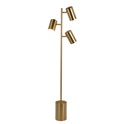 The Harmony Floor Lamp features a gold finish, three adjustable cylindrical heads on a tall pole, and a sturdy block base with a rotary switch for easy control.