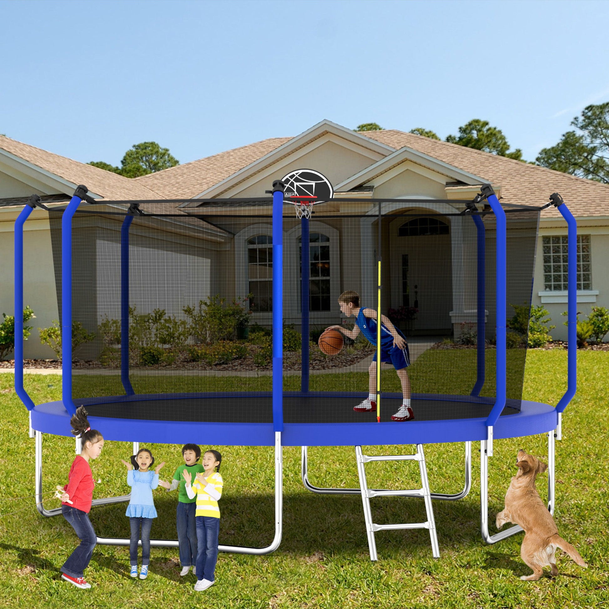 Four children and a dog stand outside a house, watching a boy play basketball on the Reinforced Outdoor Trampoline With Basketball Hoop and Enclosure Net. The excited dog stands on its hind legs as the boy enjoys the ASTM approved trampoline.