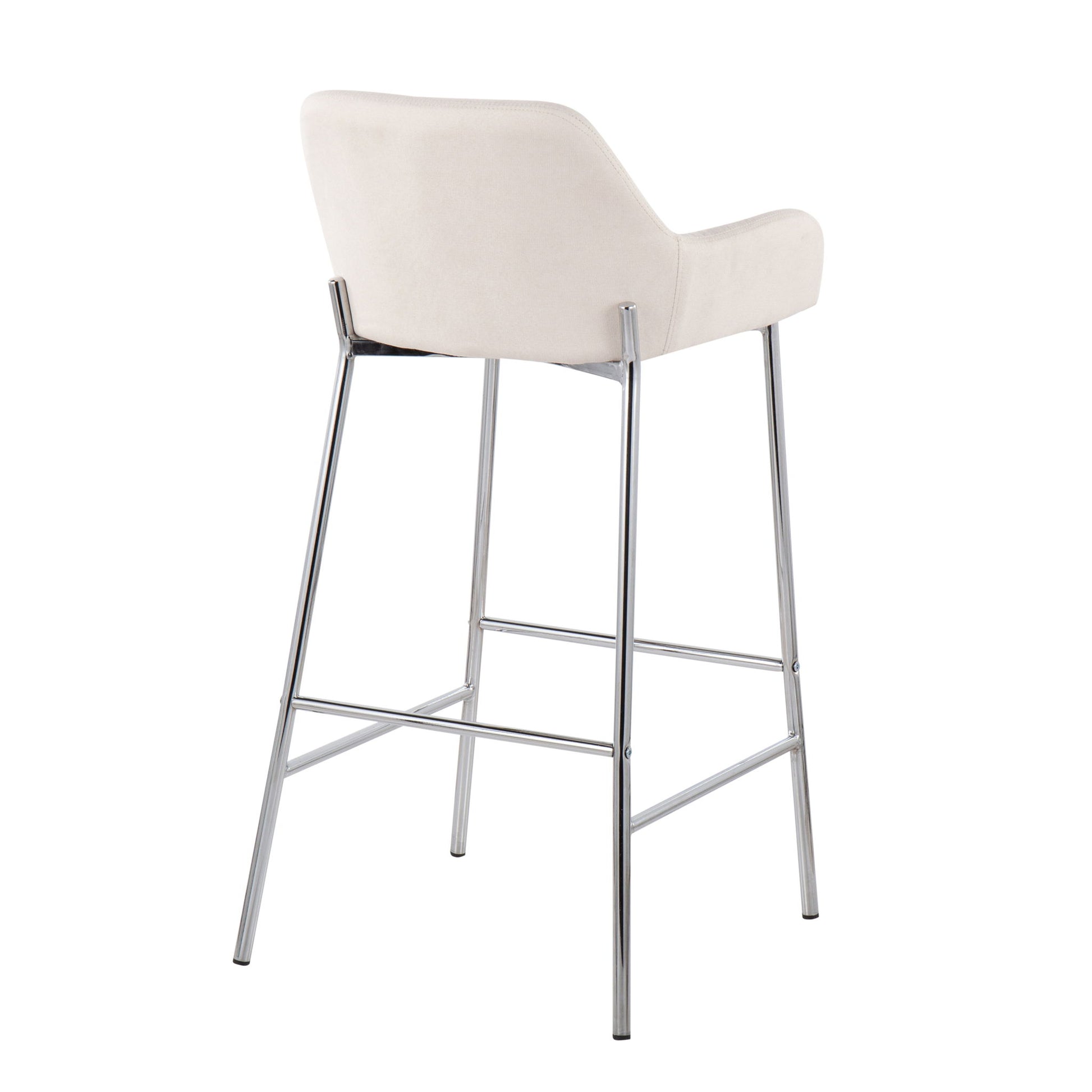 The Daniella Contemporary Fixed Height Bar Stool (Set of 2) features a white cushioned seat and backrest with slim chrome metal legs and a footrest, shown angled from the back.