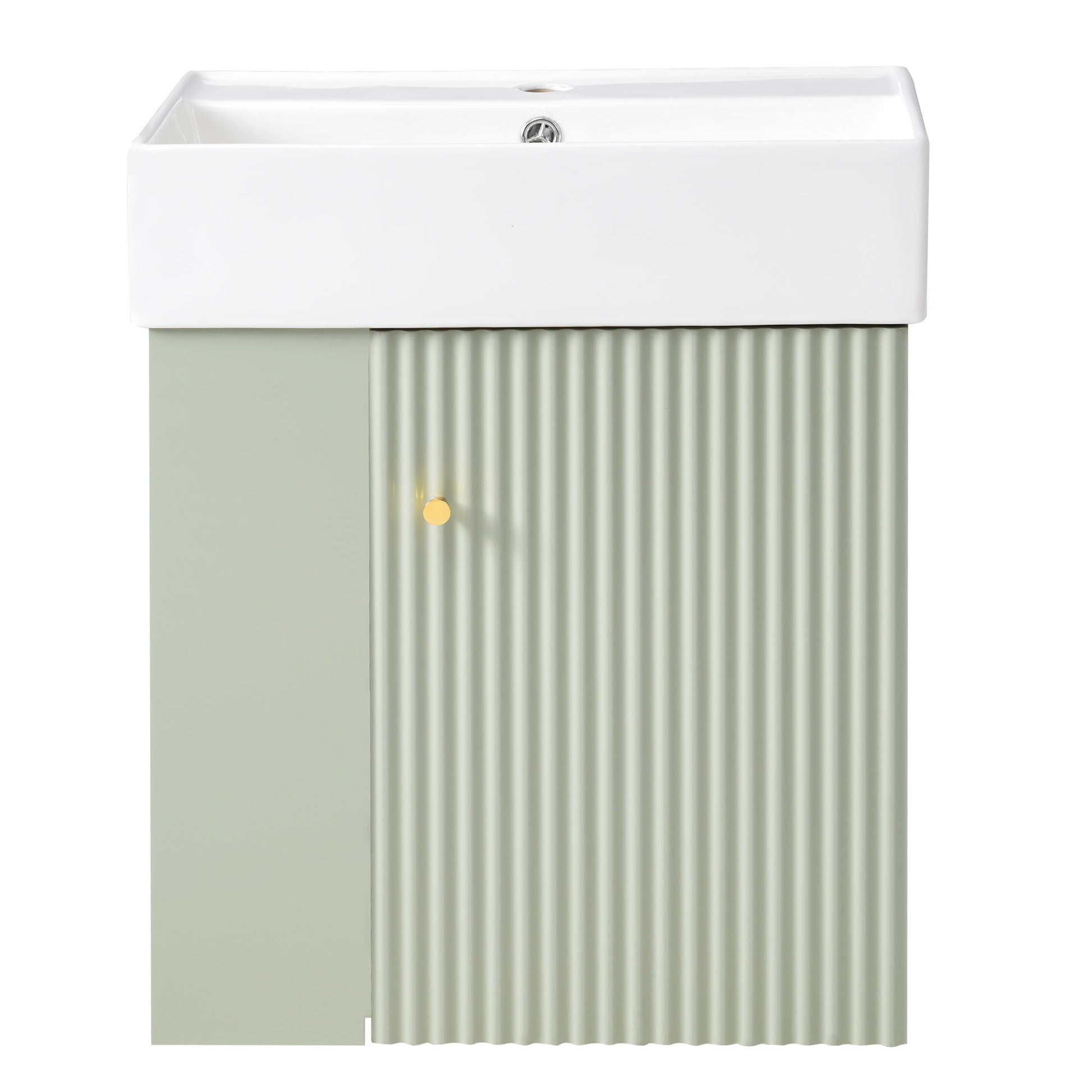 The Modern Floating Bathroom Vanity With Ceramic Basin is ideal for small bathrooms, featuring a rectangular white sink atop a green cabinet with vertical grooves, one smooth panel, and a small round yellow knob.