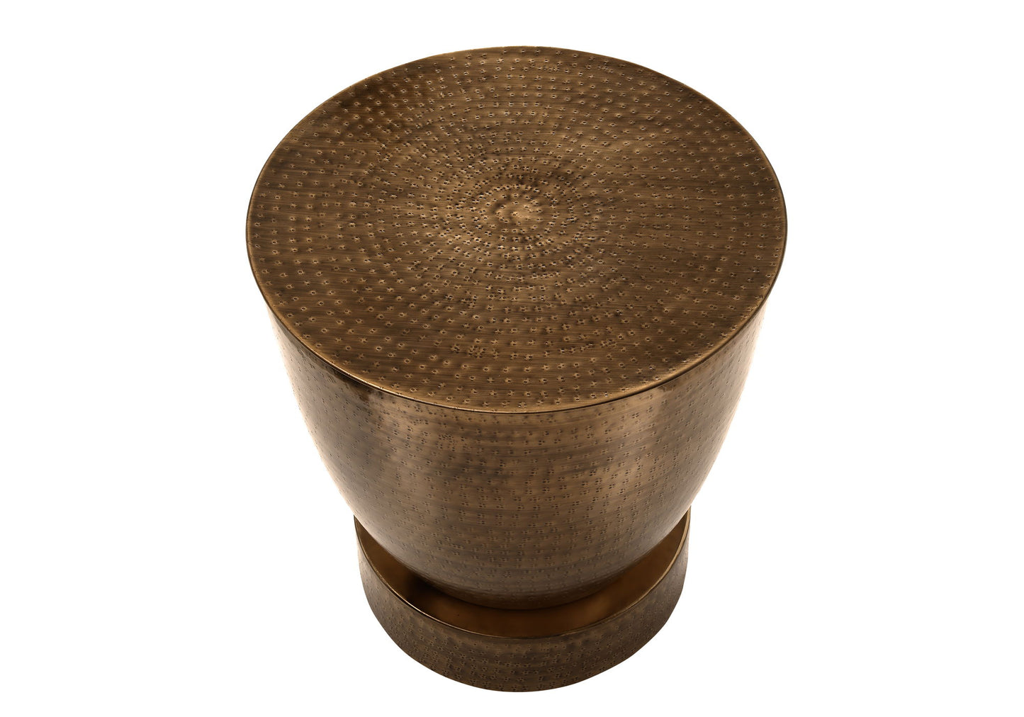 The Drum Accent Side Table features a round, bronze-toned metallic design with a textured surface and gently tapering sides, showcasing contemporary and modern style against a white background.