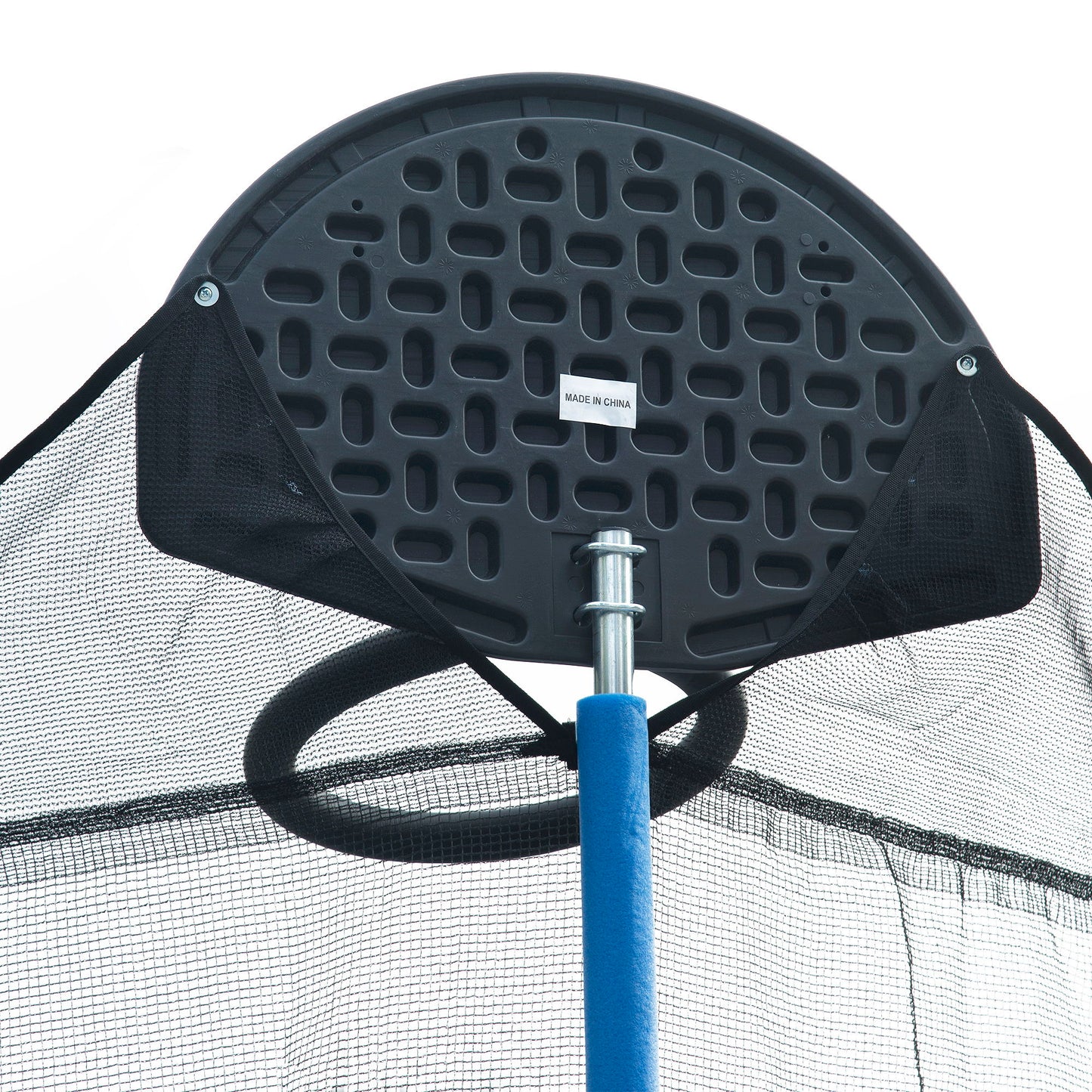 Close-up of the 14Ft Trampoline for Adults & Kids with Basketball Hoop, showing the black net and backboard attached to a blue pole. The blue outdoor trampoline includes a ladder and safety enclosure net.
