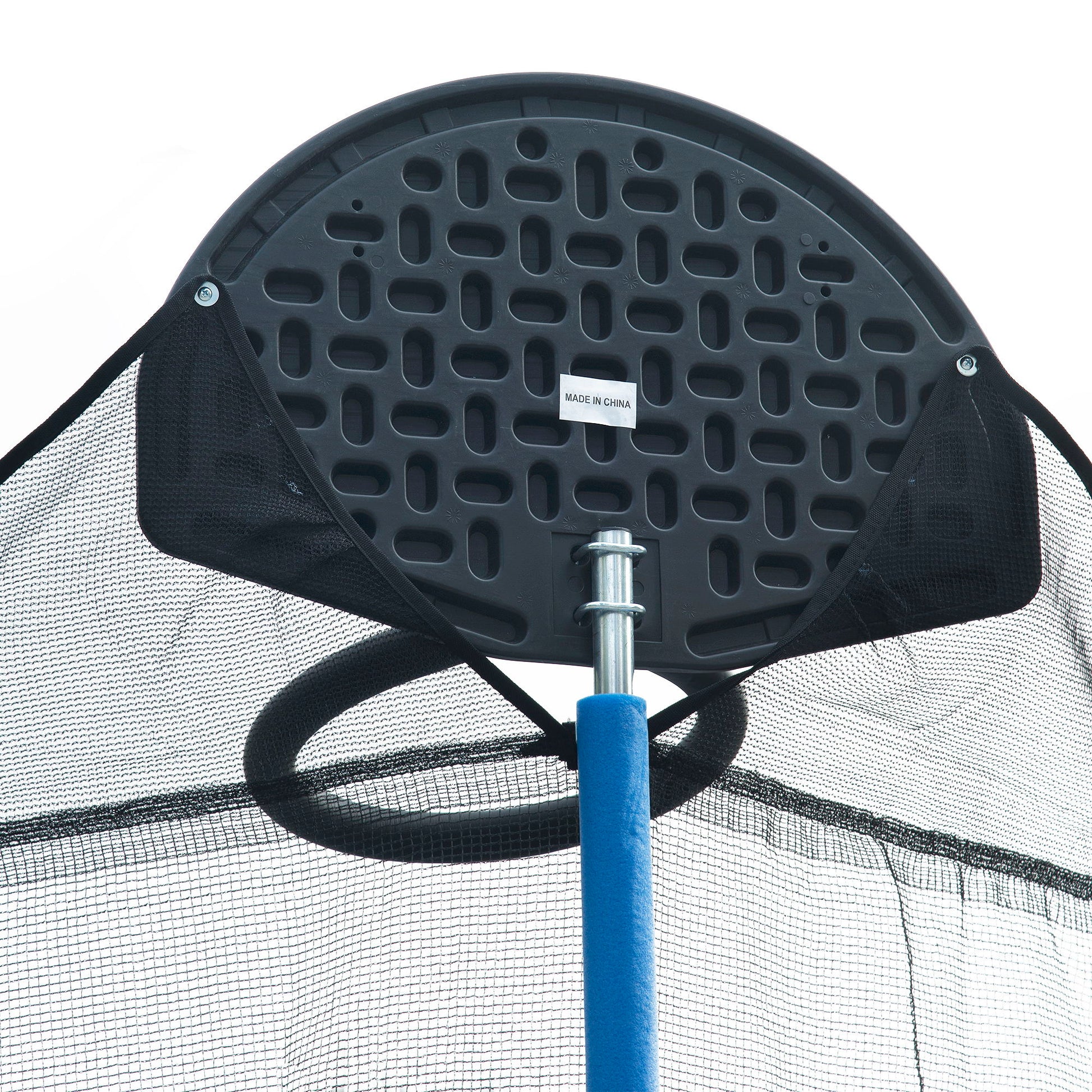 Close-up of the 14Ft Trampoline for Adults & Kids with Basketball Hoop, showing the black net and backboard attached to a blue pole. The blue outdoor trampoline includes a ladder and safety enclosure net.