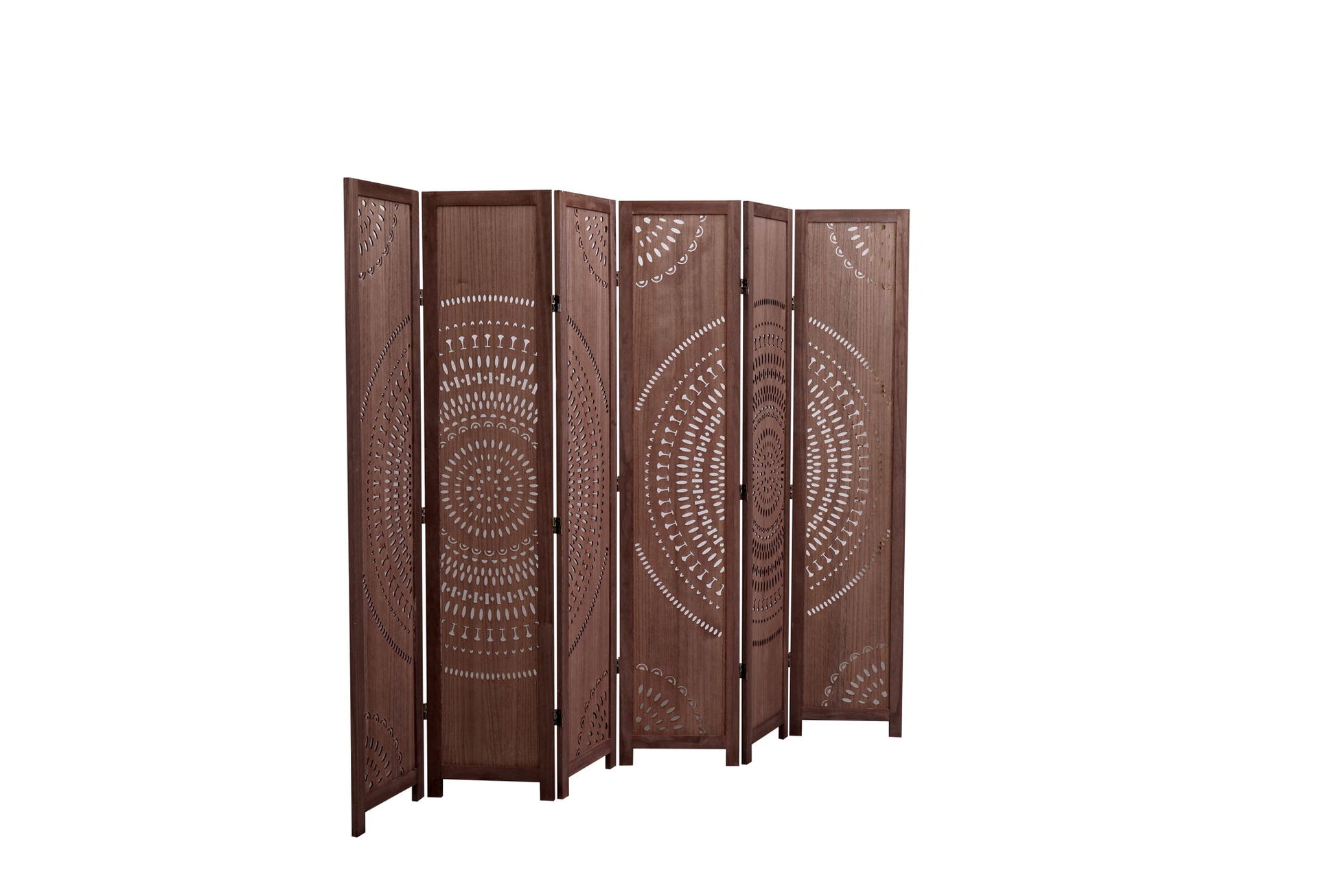 The Panel Solid Wood Folding Room Divider is shown partially open against a white background, featuring five panels with decorative circular cutout patterns on each.