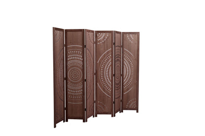 The Panel Solid Wood Folding Room Divider is shown partially open against a white background, featuring five panels with decorative circular cutout patterns on each.