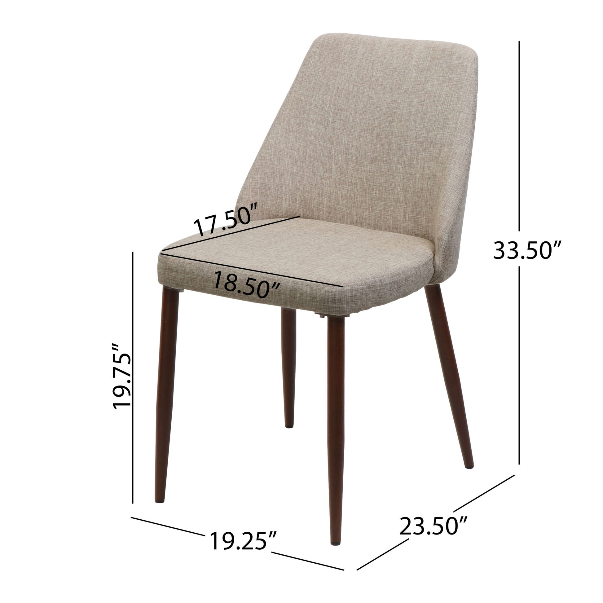 The Modern Dining Chair With Iron Legs And Wood Finish is shown in beige upholstery, featuring labeled dimensions: seat height 19.75", seat width 18.5", seat depth 17.5", total height 33.5", leg depth 19.25", leg length 23.5".