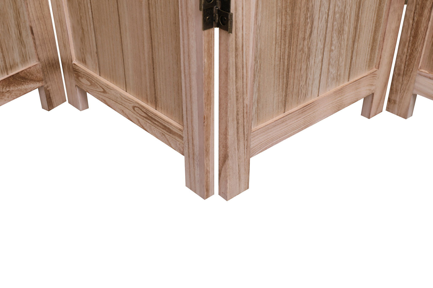 Close-up of the bottom corners of the Expertly Designed Panel Folding Room Divider, featuring hinged wooden panels with a light, natural finish on a white background.