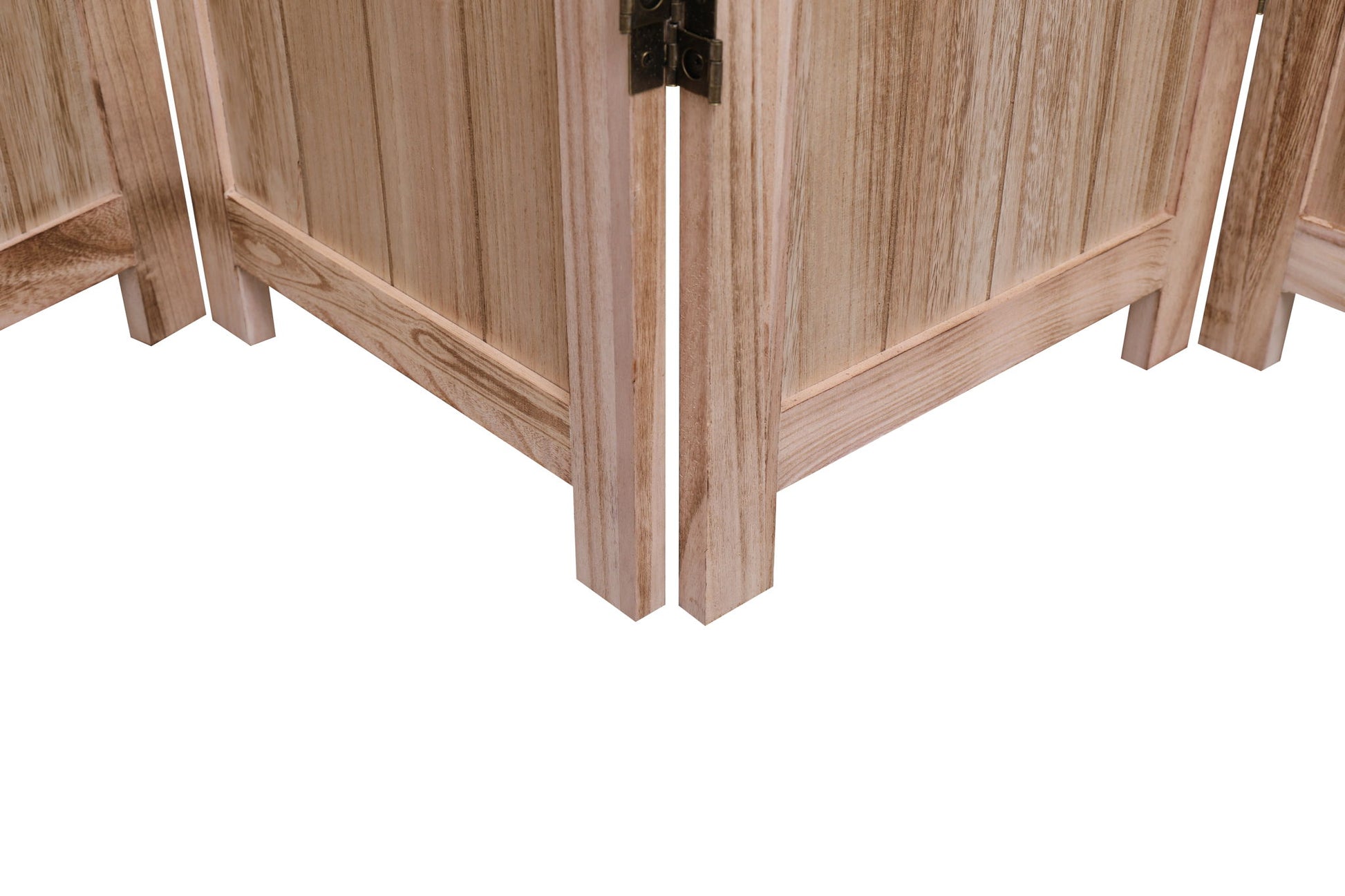 Close-up of the bottom corners of the Expertly Designed Panel Folding Room Divider, featuring hinged wooden panels with a light, natural finish on a white background.