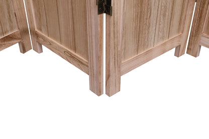 Close-up of the bottom corners of the Expertly Designed Panel Folding Room Divider, featuring hinged wooden panels with a light, natural finish on a white background.