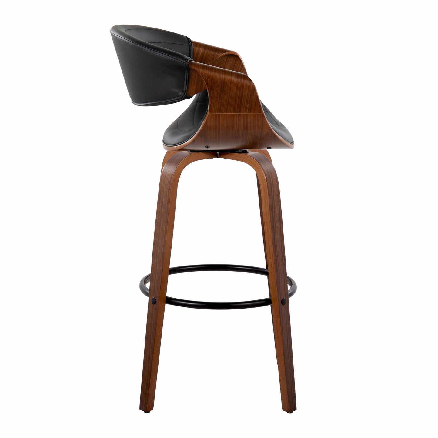 The Symphony Mid Century Modern Barstool features a curved wooden frame, black leather seat and backrest, and a round black metal footrest. This fixed-height swivel stool (set of 2) is shown from a side angle.