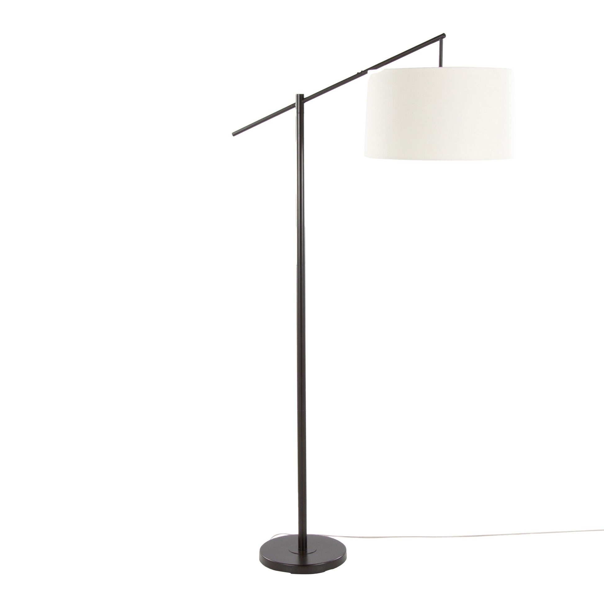The Casper - Contemporary Floor Lamp features a black metal stand, a white drum shade, and an angled arm extending from the upright pole, all set against a plain white background.