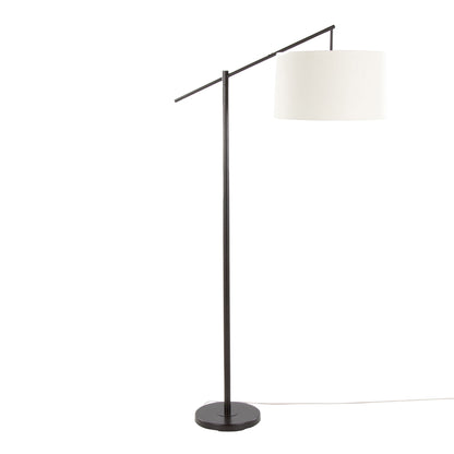 The Casper - Contemporary Floor Lamp features a black metal stand, a white drum shade, and an angled arm extending from the upright pole, all set against a plain white background.