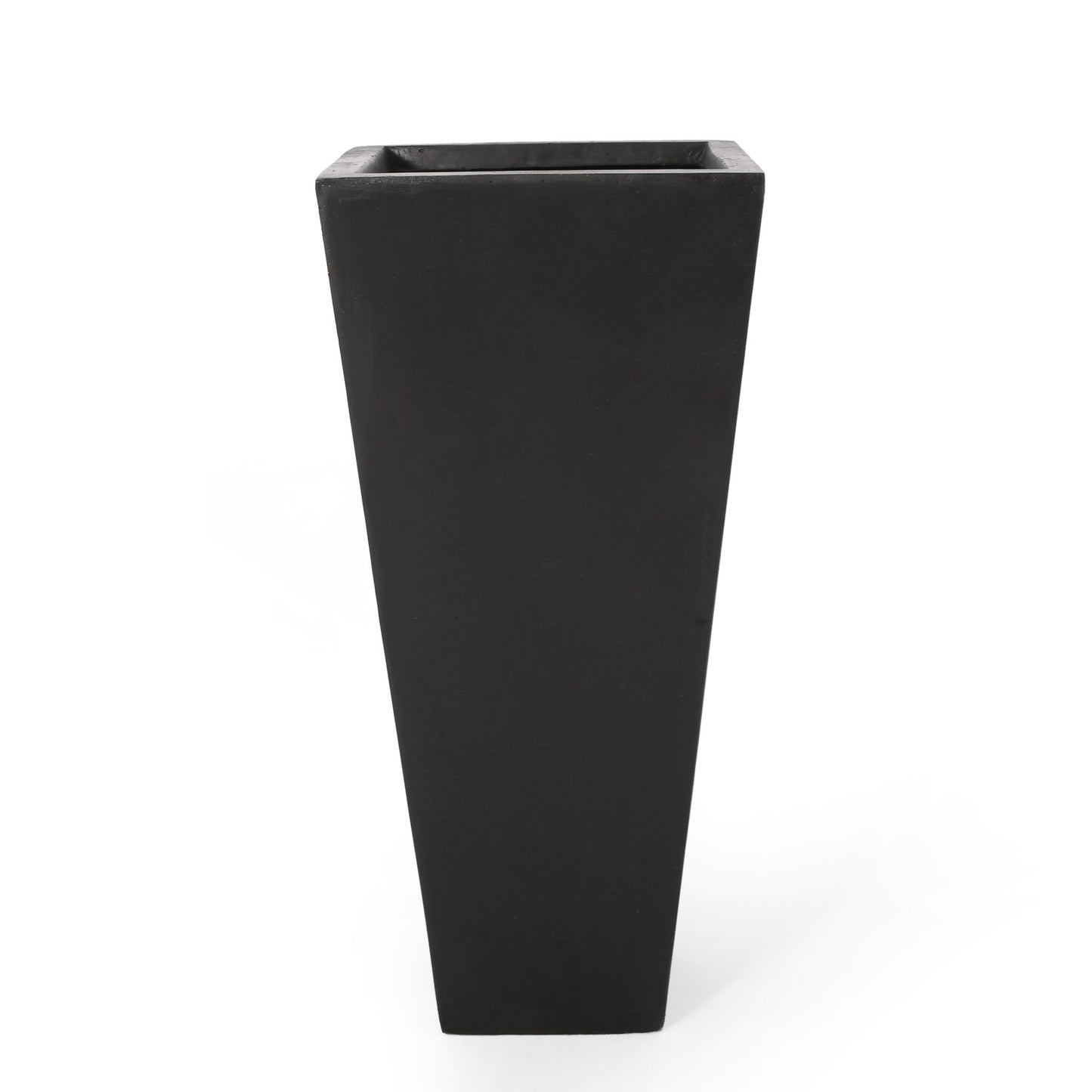 A tall, black Outdoor Modern Cast Stone Planter with a rectangular tapered design and matte finish, shown against a plain white background.
