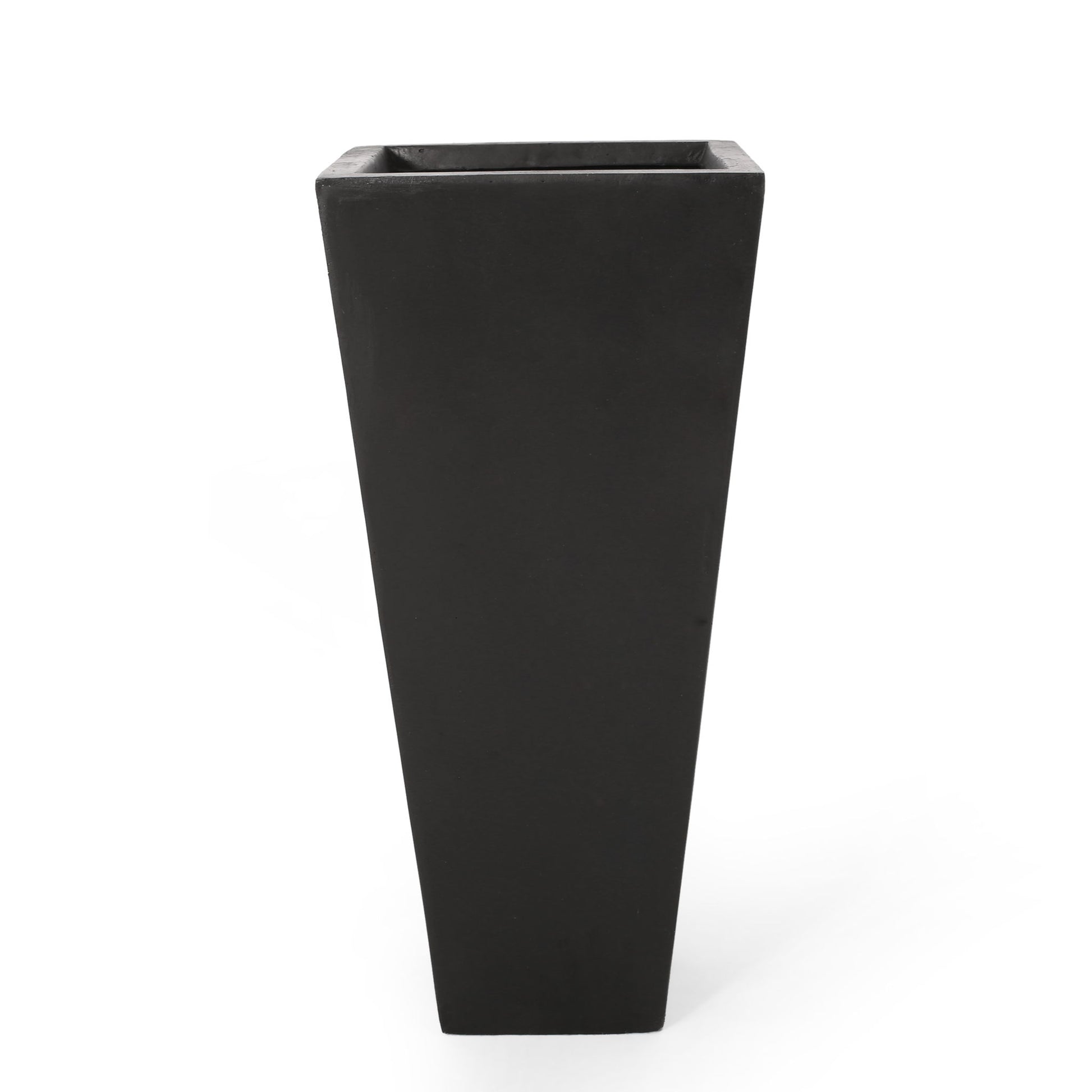 A tall, black Outdoor Modern Cast Stone Planter with a rectangular tapered design and matte finish, shown against a plain white background.