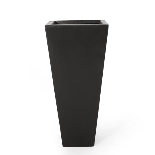A tall, black Outdoor Modern Cast Stone Planter with a rectangular tapered design and matte finish, shown against a plain white background.