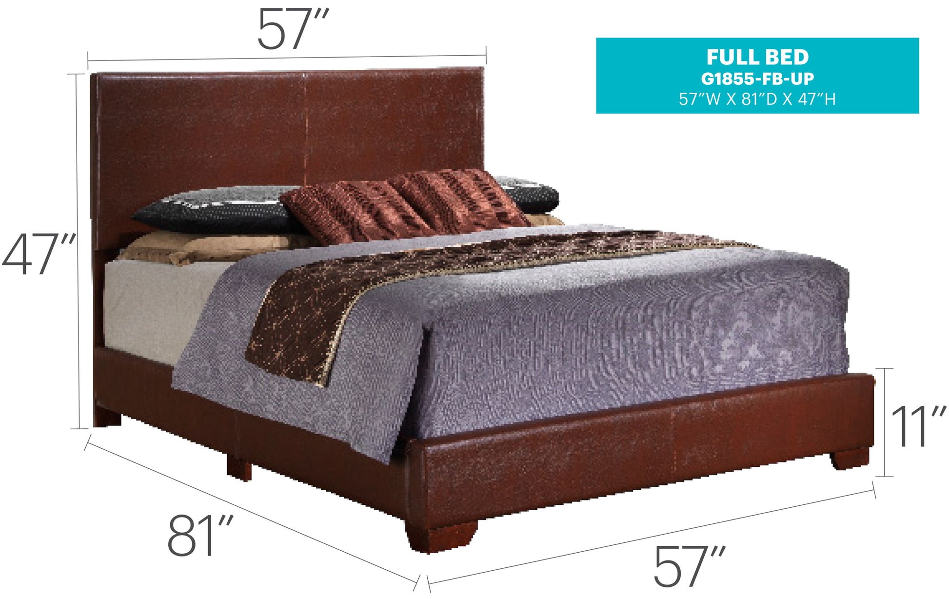 The Elegant Platform Bed For Relaxed Spaces features brown upholstery, comes with pillows and blankets, and measures 57"W x 81"L x 47"H at the headboard with an 11" high base.