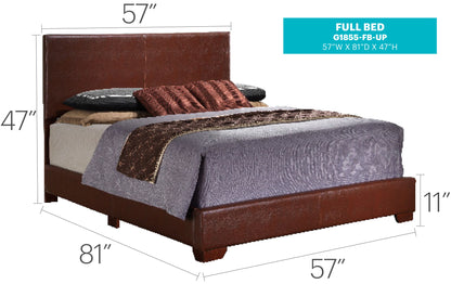 The Elegant Platform Bed For Relaxed Spaces features brown upholstery, comes with pillows and blankets, and measures 57"W x 81"L x 47"H at the headboard with an 11" high base.