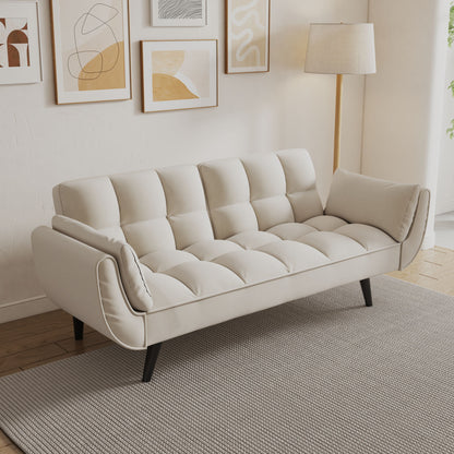 A Sofa Soft with two armrests and throw pillow sits on a light gray textured rug in a bright living room, with abstract artwork on the wall and a nearby floor lamp—perfect for apartments, bedrooms, or small spaces.
