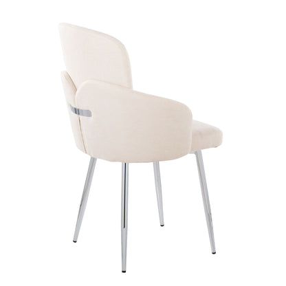 The Dahlia Contemporary Dining Chair (Set of 2) features cream upholstery, a curved backrest with armrests, and four slender, angled chrome-finished metal legs, all shown against a white background.