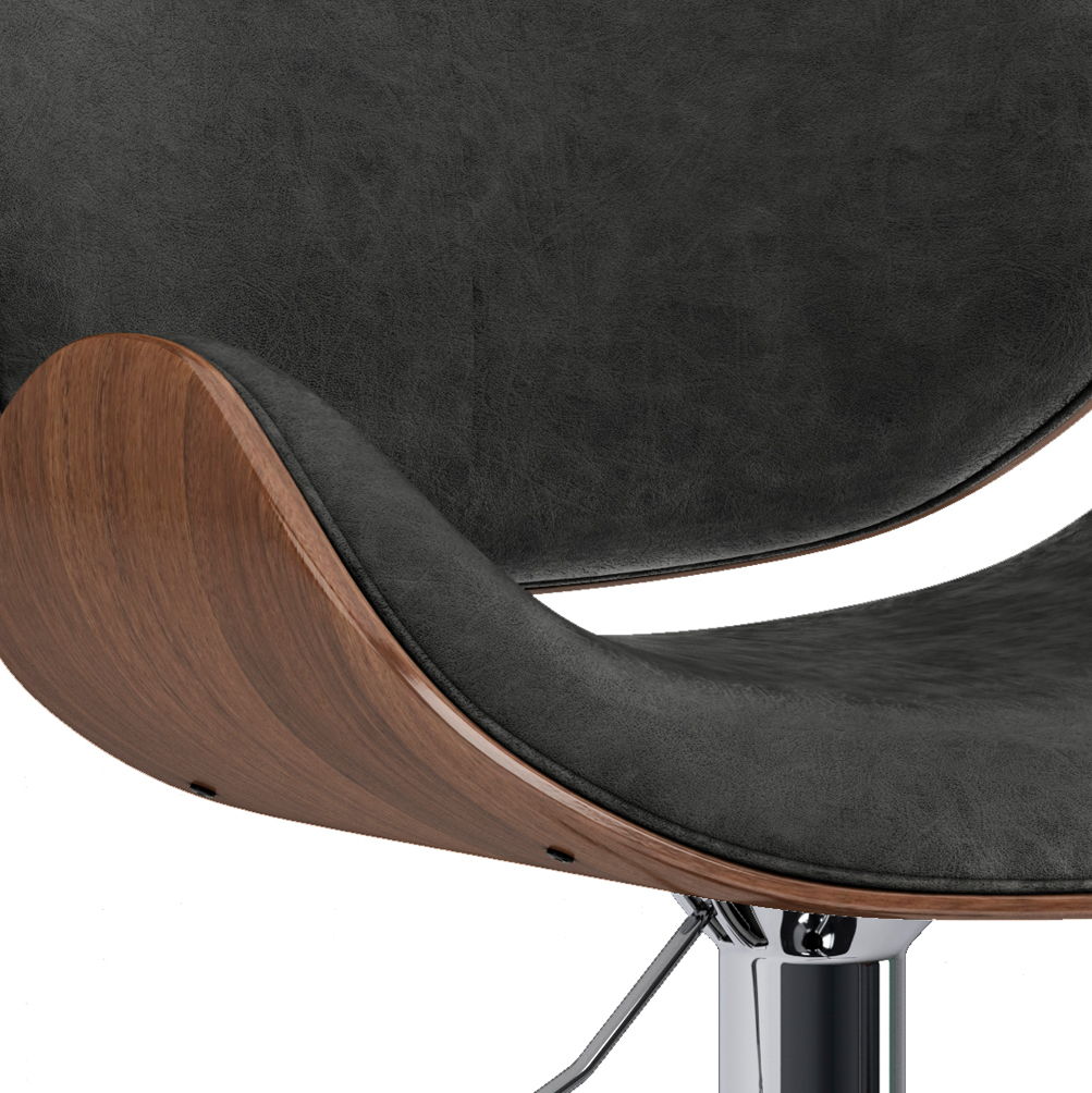 A close-up of the Marana Multifunctional Handcrafted Bentwood Adjustable Swivel Bar Stool with a curved wooden frame, black cushioned seat, and chrome metal base.