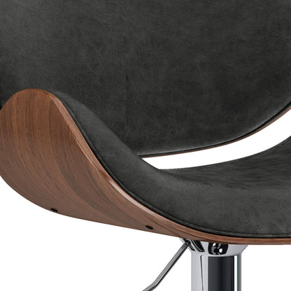 A close-up of the Marana Multifunctional Handcrafted Bentwood Adjustable Swivel Bar Stool with a curved wooden frame, black cushioned seat, and chrome metal base.