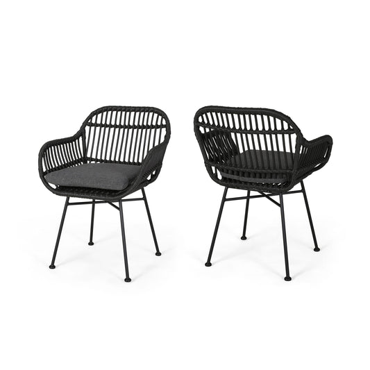 The Outdoor Rattan Accent Chair With Metal Legs features a modern black design with woven rattan-style backs and seats, black metal legs, and dark cushions, displayed from front and back against a white background.