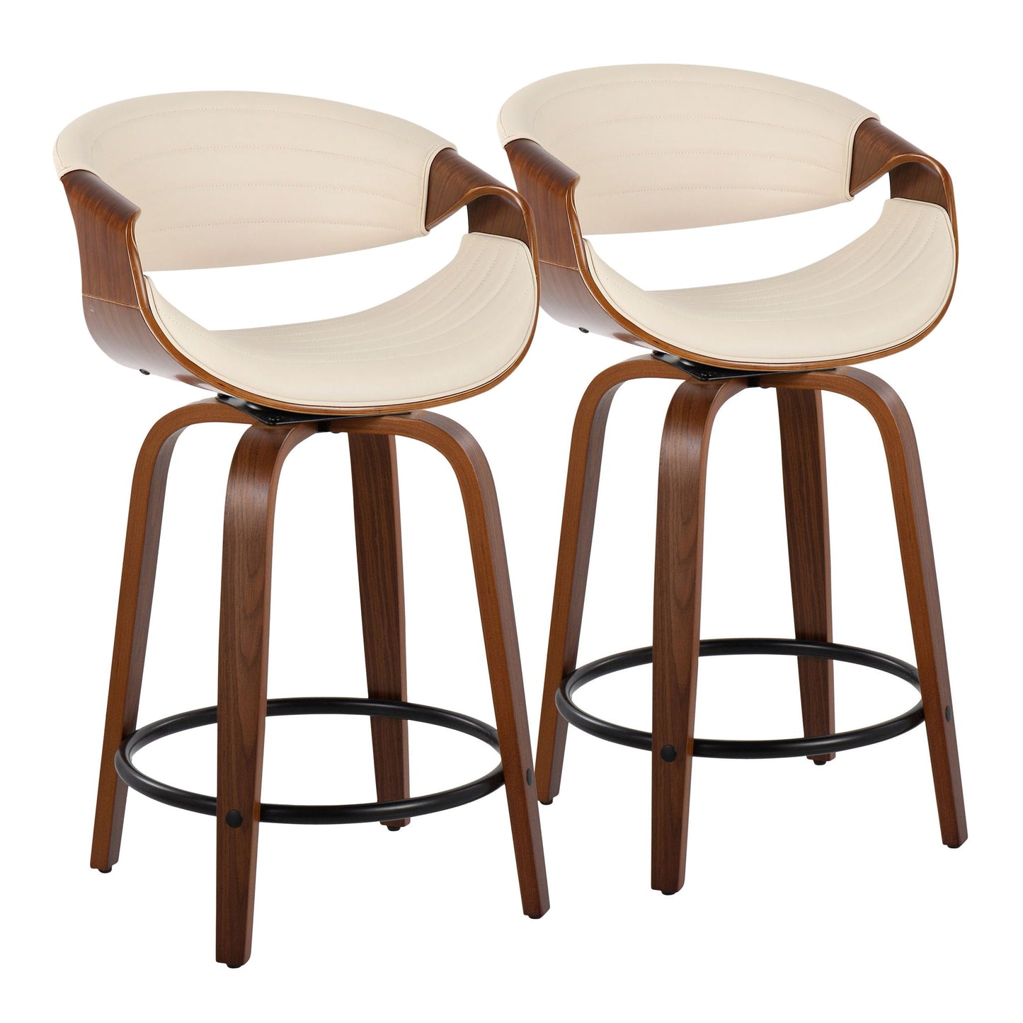 The Symphony Mid Century Modern Fixed Height Counter Stools (set of 2) feature curved wood backs, cream padded seats, wooden legs, and a round black metal footrest for a sleek, contemporary look. Swivel design included.