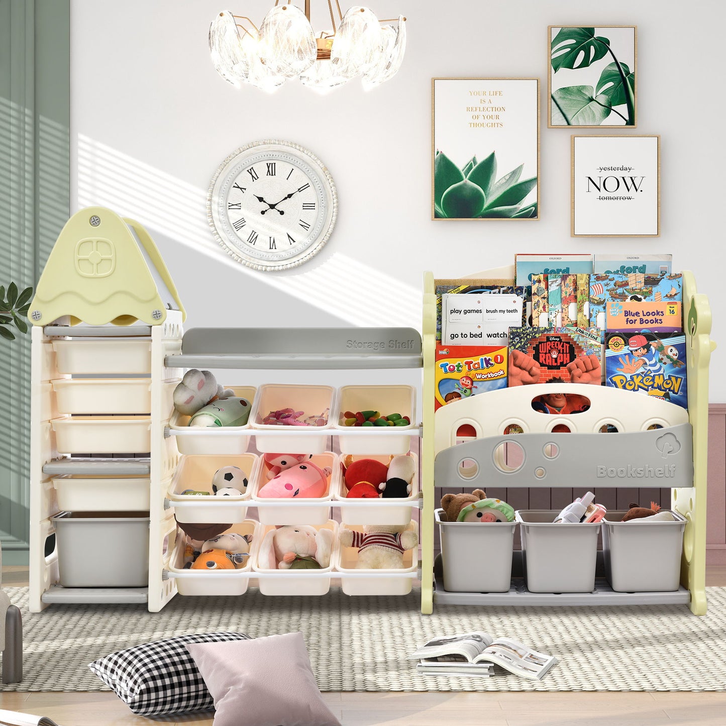 A kids' room features the Kids Bookshelf Toy Storage Organizer with 17 bins and 5 bookshelves, neatly storing stuffed animals and books. Above, a clock, two framed pictures, and a plant decorate the wall; pillows are arranged on the floor.