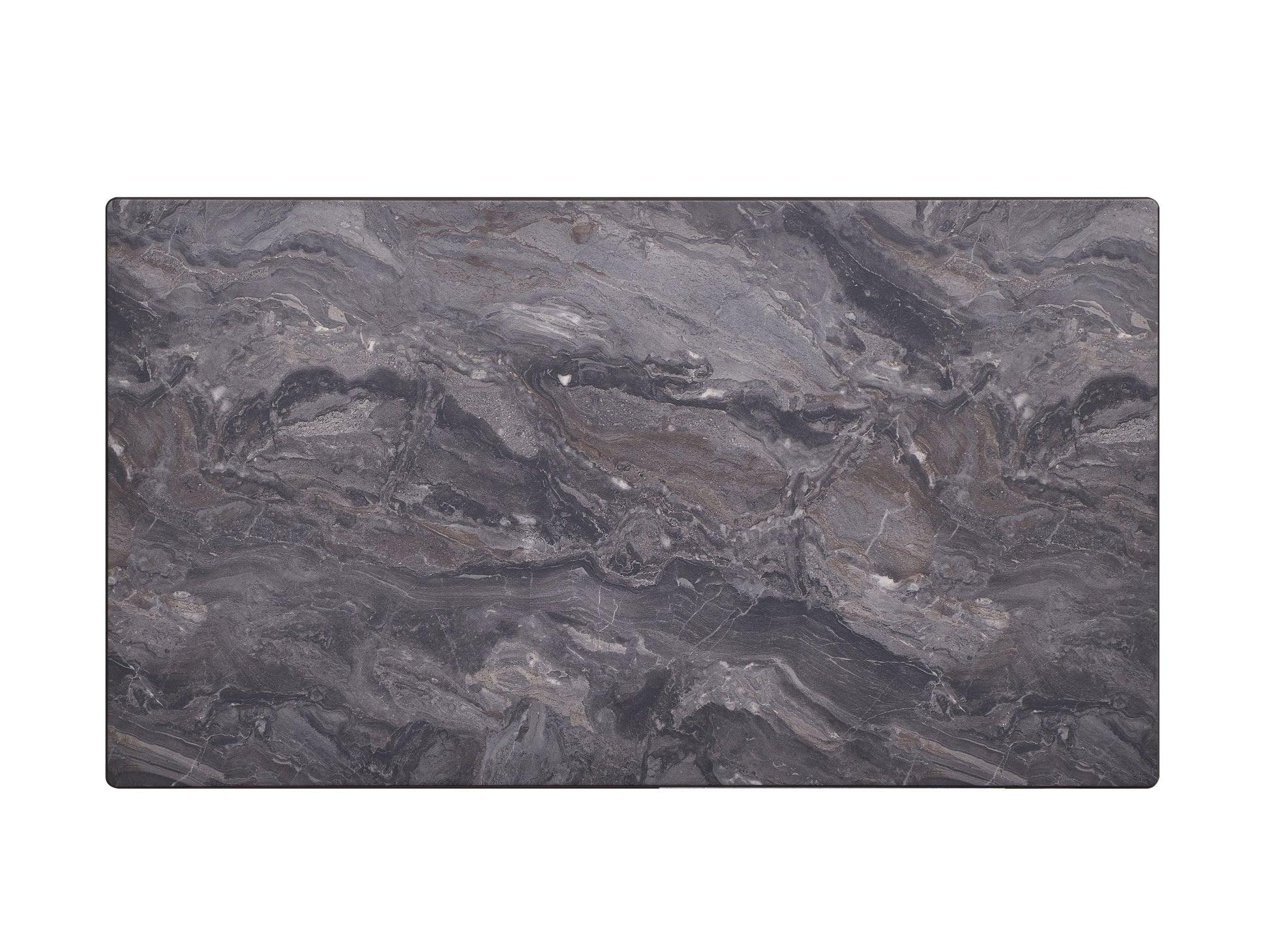 The Bevis Engineered Stone Top Dining Table features a textured dark gray surface with swirling patterns and shades of black, white, and brown. Its polished finish has a natural look with irregular veins and spots reminiscent of marble or granite.