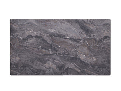 The Bevis Engineered Stone Top Dining Table features a textured dark gray surface with swirling patterns and shades of black, white, and brown. Its polished finish has a natural look with irregular veins and spots reminiscent of marble or granite.