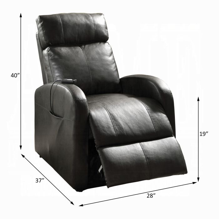 The Ricardo Power Motion Recliner & Lift in brown is shown, partially reclined. Dimensions: 40" tall, 28" wide, 37" deep; seat height is 19".