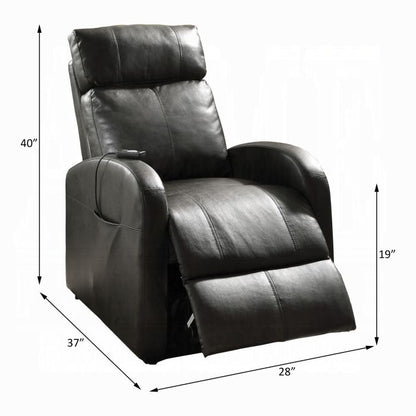 The Ricardo Power Motion Recliner & Lift in brown is shown, partially reclined. Dimensions: 40" tall, 28" wide, 37" deep; seat height is 19".