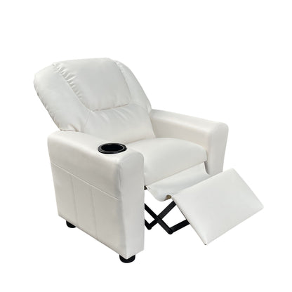 The Marisa PU Leather Kids Recliner Chair features a cup holder in the right armrest and an extended footrest, shown against a plain white background.