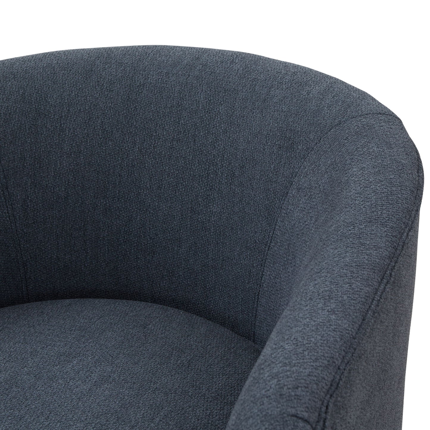 Close-up of the Miramar Swivel Barrel Chair, featuring dark gray upholstery, a curved backrest and armrests, and a wooden base, shown against a white background.