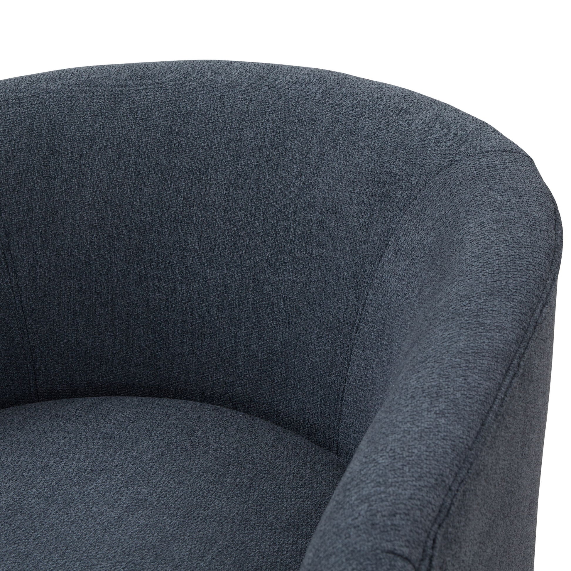 Close-up of the Miramar Swivel Barrel Chair, featuring dark gray upholstery, a curved backrest and armrests, and a wooden base, shown against a white background.