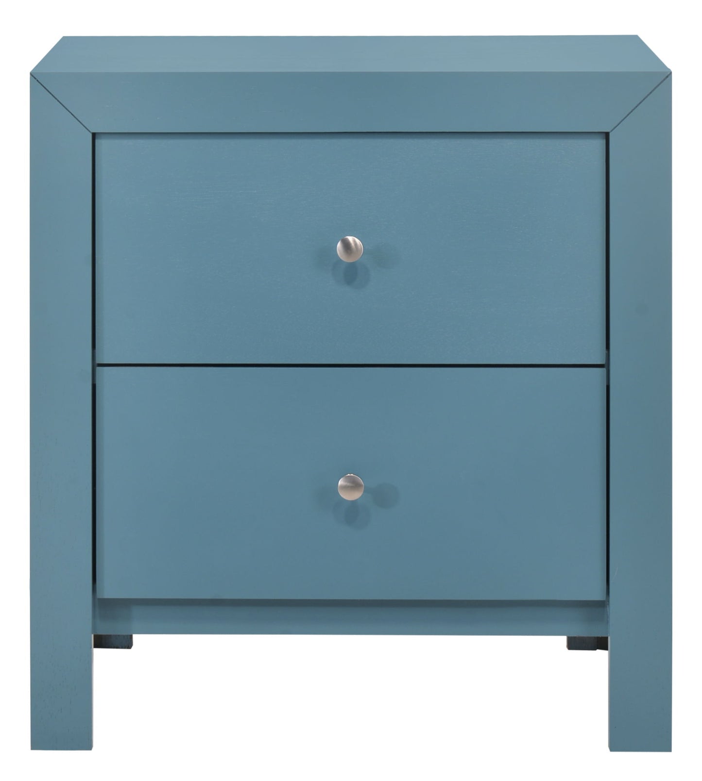 The Charming Nightstand With Drawers is a blue wooden nightstand featuring two drawers with small round silver knobs and a simple, modern design.
