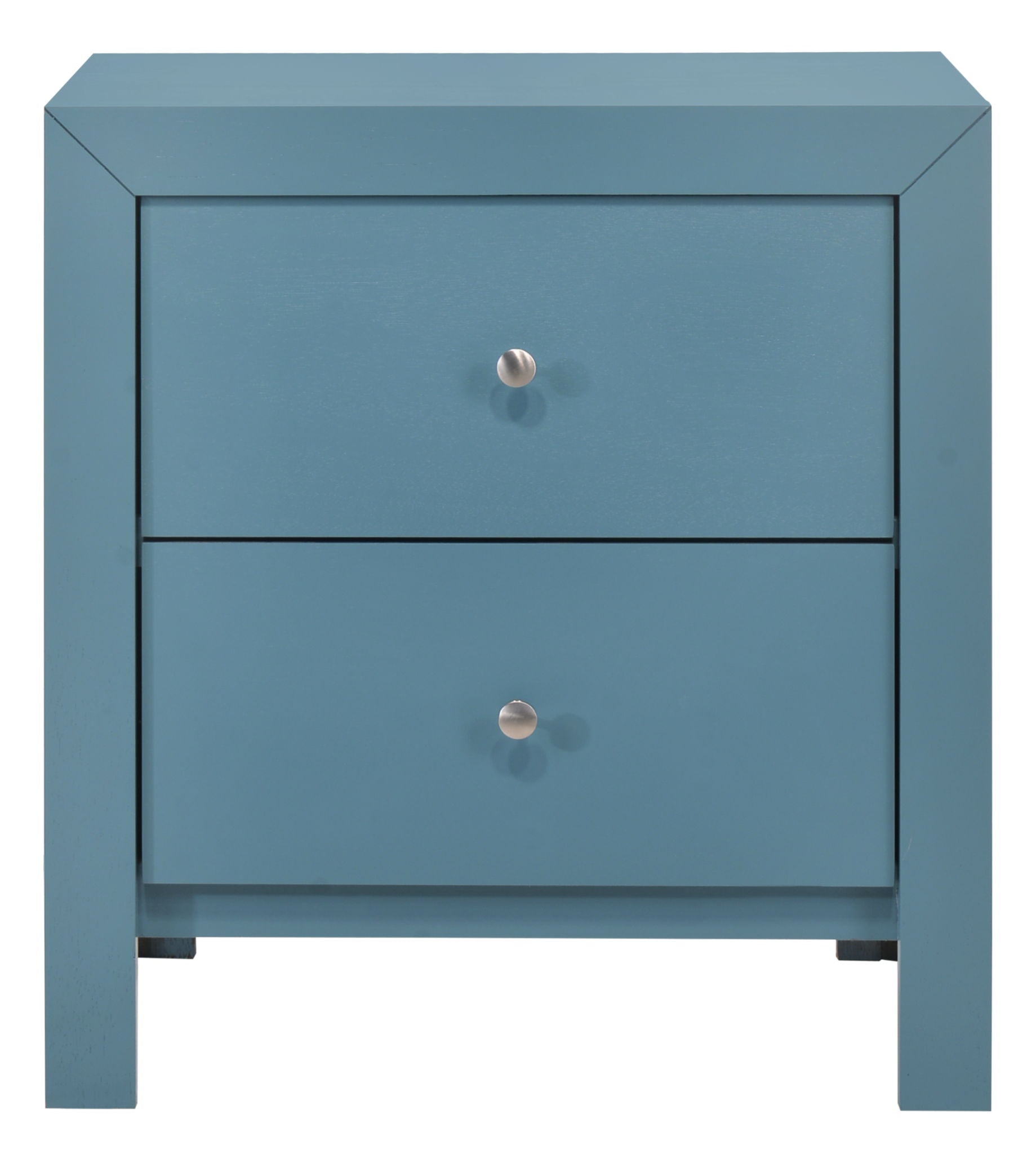 The Charming Nightstand With Drawers is a blue wooden nightstand featuring two drawers with small round silver knobs and a simple, modern design.
