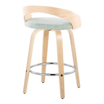 The Grotto is a contemporary fixed-height counter stool set with swivel, featuring light wooden legs, a curved wooden backrest, a light green upholstered seat, and a round chrome footrest. Set of 2.
