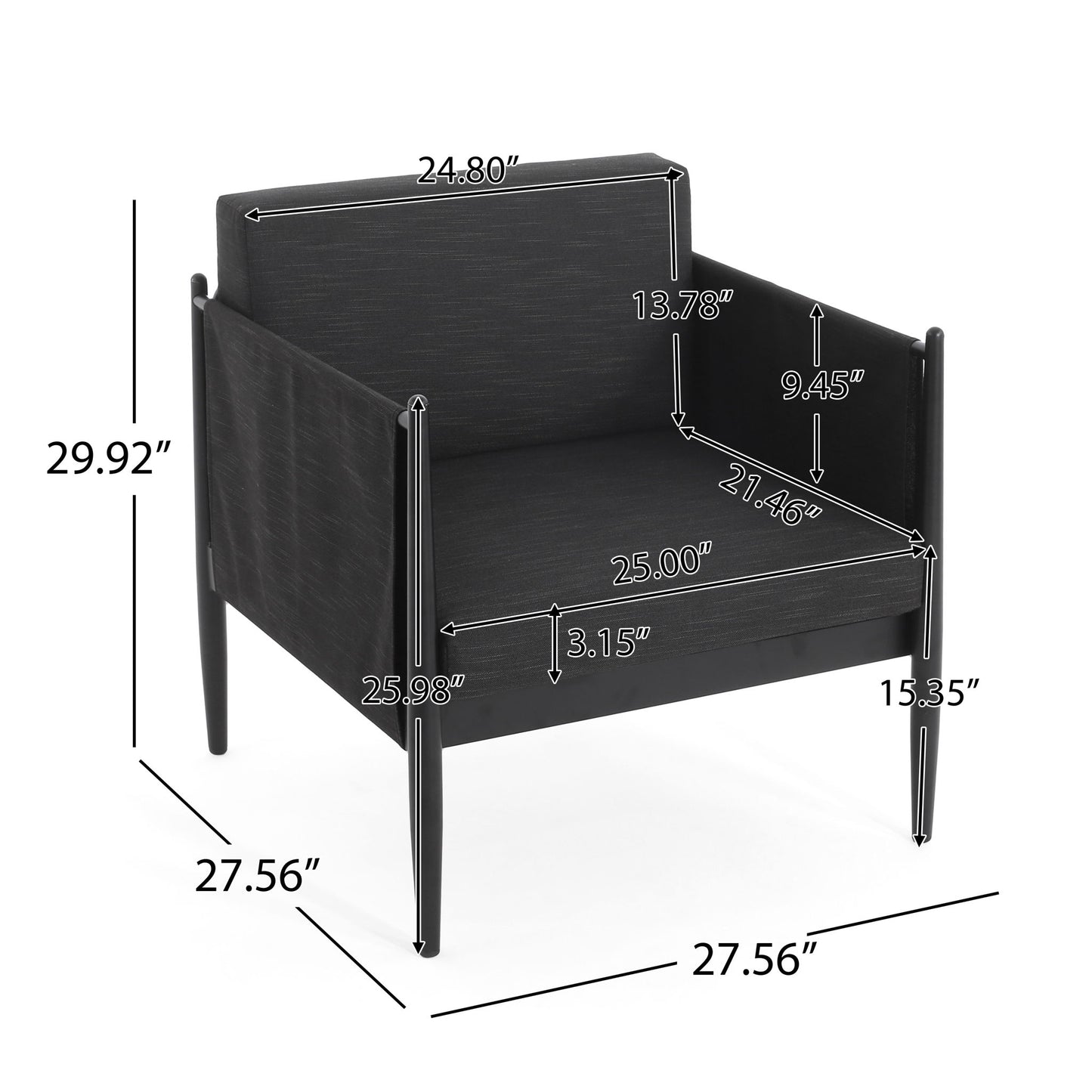 The Dawson - Club Chair is a black armchair with a square design. Its dimensions—height 29.92", width 27.56", and depth 27.56"—are labeled clearly, along with inner seat and armrest sizes marked by white lines and numbers.