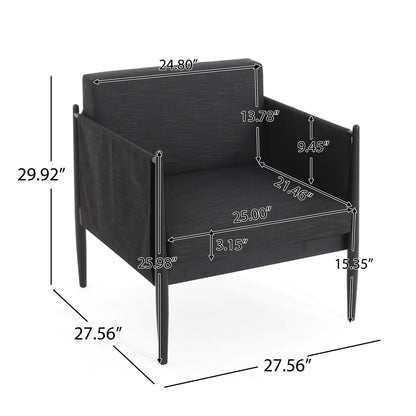The Dawson - Club Chair is a black armchair with a square design. Its dimensions—height 29.92", width 27.56", and depth 27.56"—are labeled clearly, along with inner seat and armrest sizes marked by white lines and numbers.