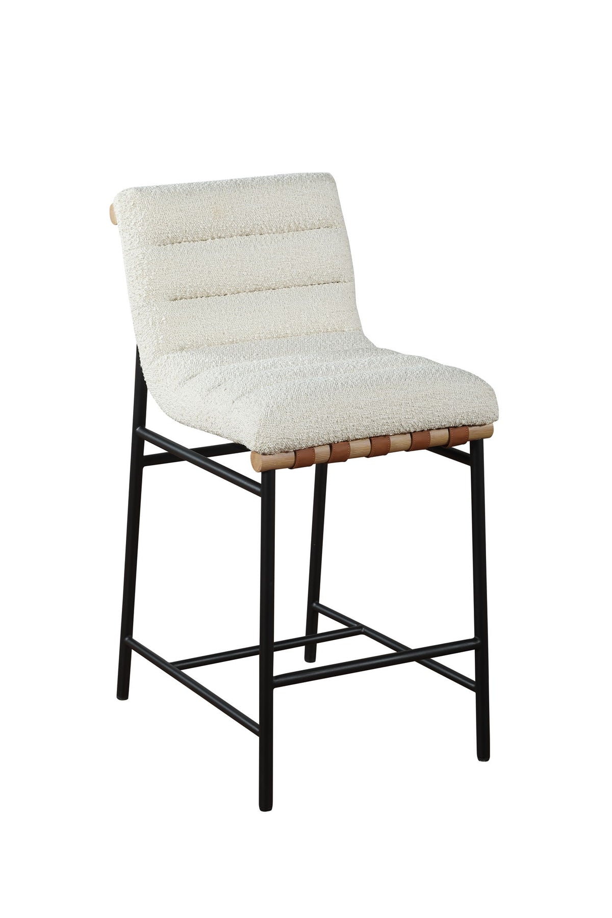 The Lahni 17" Boucle Fabric Counter Height Chair features a modern, minimalist design with a white textured cushioned seat and backrest, black metal legs, and a wooden support beneath the seat.