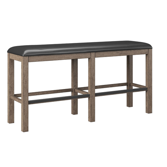 The Benti Bar Height Bench features a light brown wooden frame with four legs and support bars, topped with a padded black faux leather seat.
